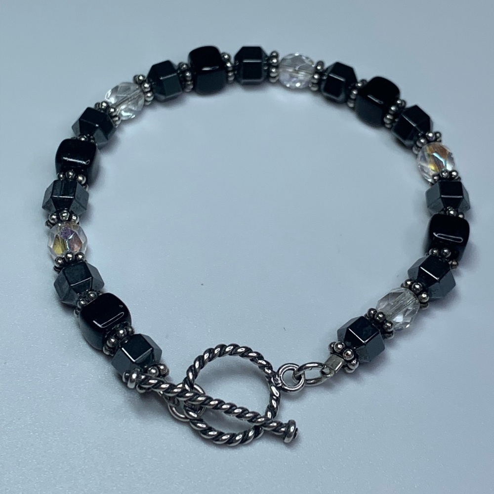 Silpada Vintage Sterling Silver Hematite & Crystal Beaded Toggle Clasp Bracelet